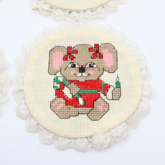 6 Vintage Christmas Ornaments Handmade Cross Stitch Lace Dog Cat Animals Felt - Picture 3 of 11